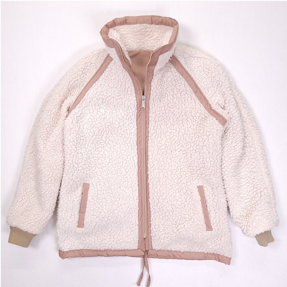 Reversible Sherpa Fleece Full Zip Jacket Khaki Tan Cream Women Large Coat